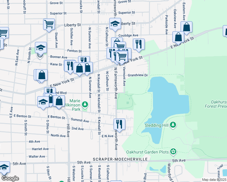 map of restaurants, bars, coffee shops, grocery stores, and more near 104 North Farnsworth Avenue in Aurora