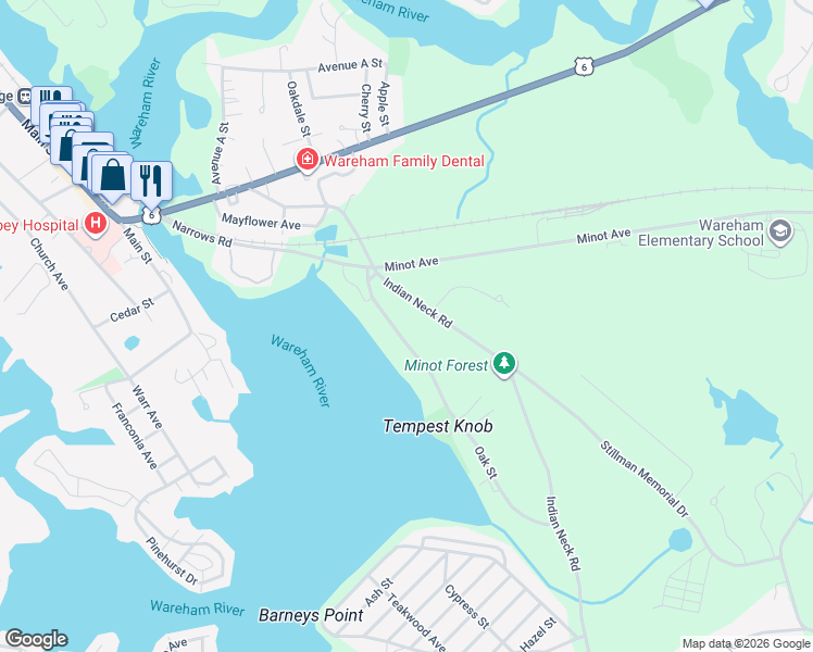 map of restaurants, bars, coffee shops, grocery stores, and more near 8 Oak Street in Wareham