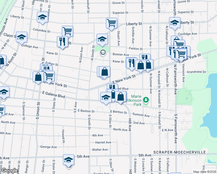 map of restaurants, bars, coffee shops, grocery stores, and more near in Aurora