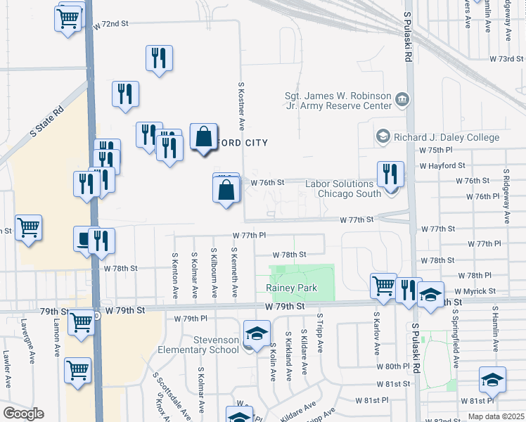 map of restaurants, bars, coffee shops, grocery stores, and more near 4350 West Ford City Drive in Chicago