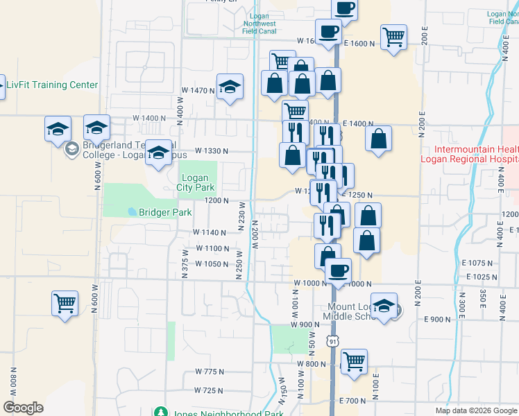 map of restaurants, bars, coffee shops, grocery stores, and more near 195 West 1190 North in Logan