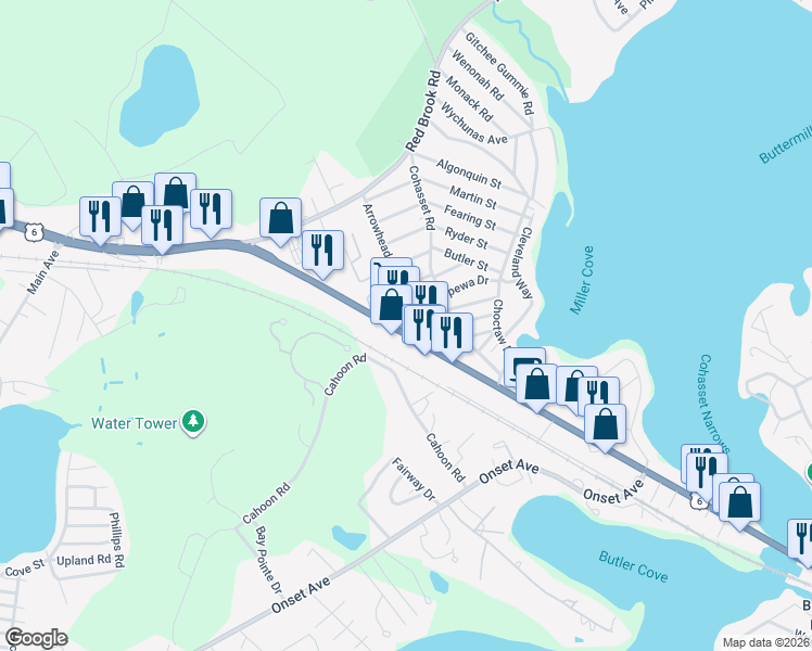 map of restaurants, bars, coffee shops, grocery stores, and more near 3134 Cranberry Highway in Wareham