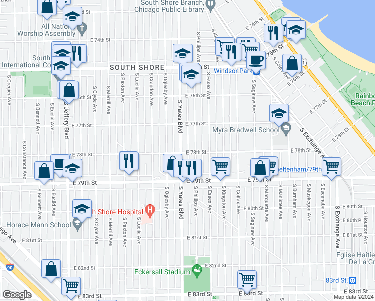 map of restaurants, bars, coffee shops, grocery stores, and more near 2410 East 78th Street in Chicago