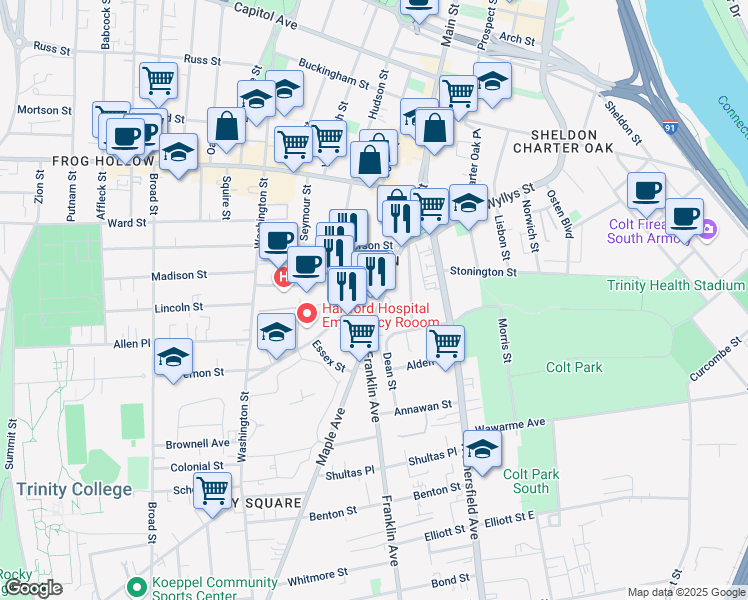 map of restaurants, bars, coffee shops, grocery stores, and more near 56 Retreat Avenue in Hartford