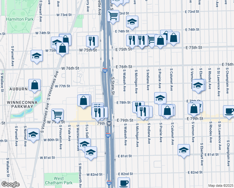 map of restaurants, bars, coffee shops, grocery stores, and more near 7715 South State Street in Chicago