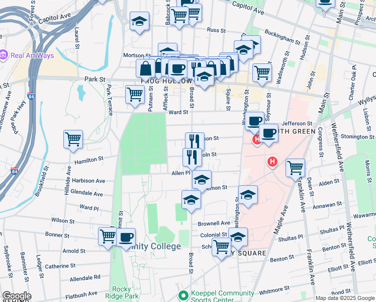 map of restaurants, bars, coffee shops, grocery stores, and more near 1155 Broad Street in Hartford