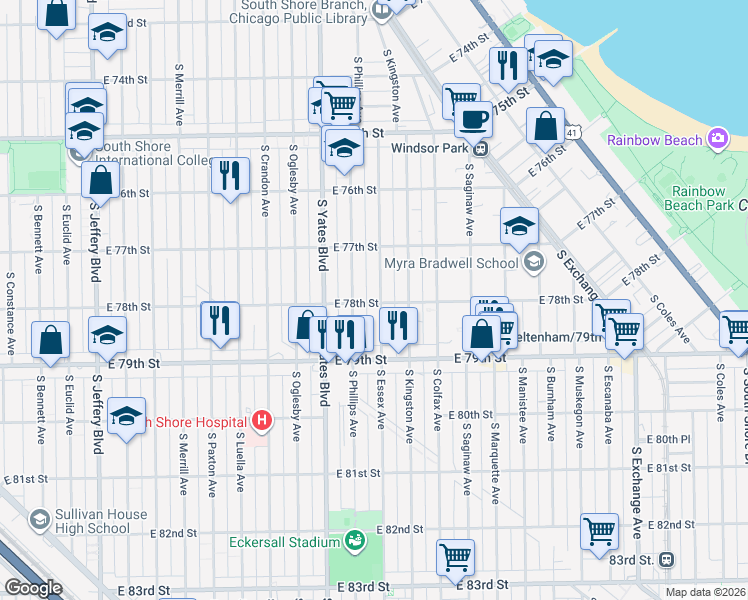 map of restaurants, bars, coffee shops, grocery stores, and more near 7748 South Essex Avenue in Chicago