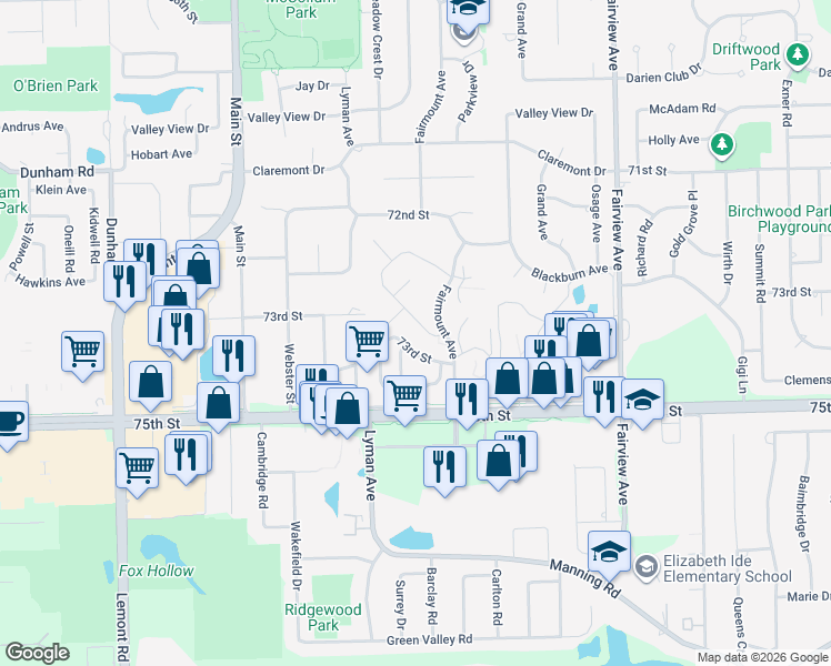 map of restaurants, bars, coffee shops, grocery stores, and more near 7345 Fairmount Avenue in Downers Grove