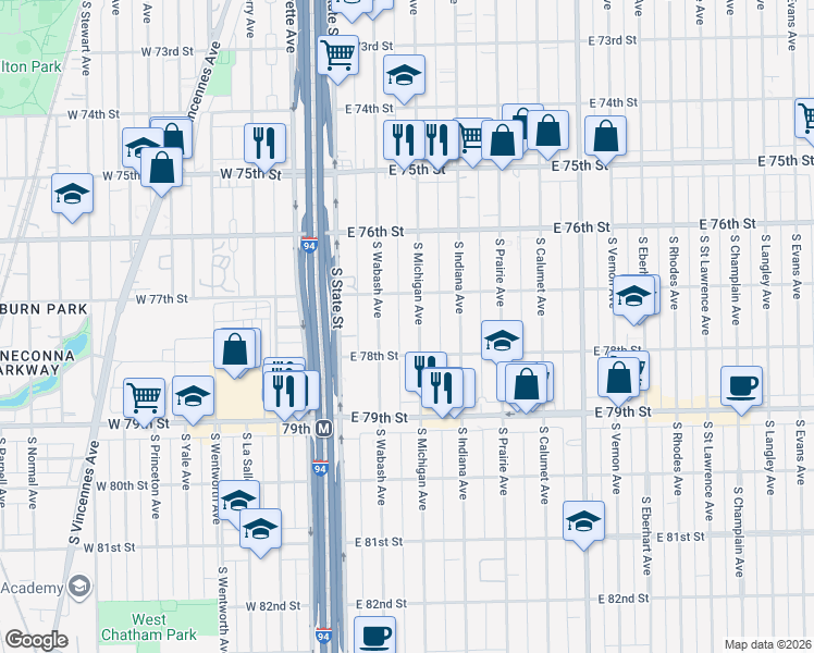 map of restaurants, bars, coffee shops, grocery stores, and more near 7719 South Wabash Avenue in Chicago