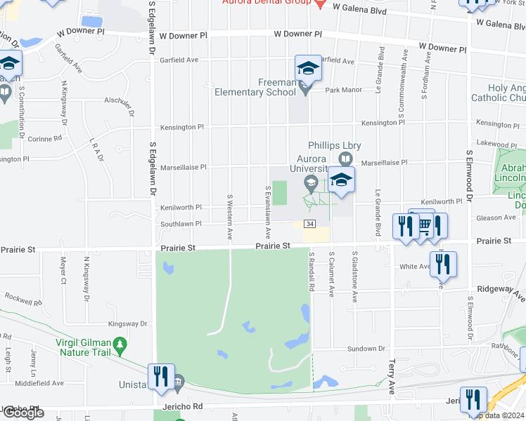 map of restaurants, bars, coffee shops, grocery stores, and more near 1500 Kenilworth Place in Aurora