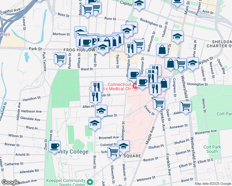 map of restaurants, bars, coffee shops, grocery stores, and more near 16 Lincoln Street in Hartford