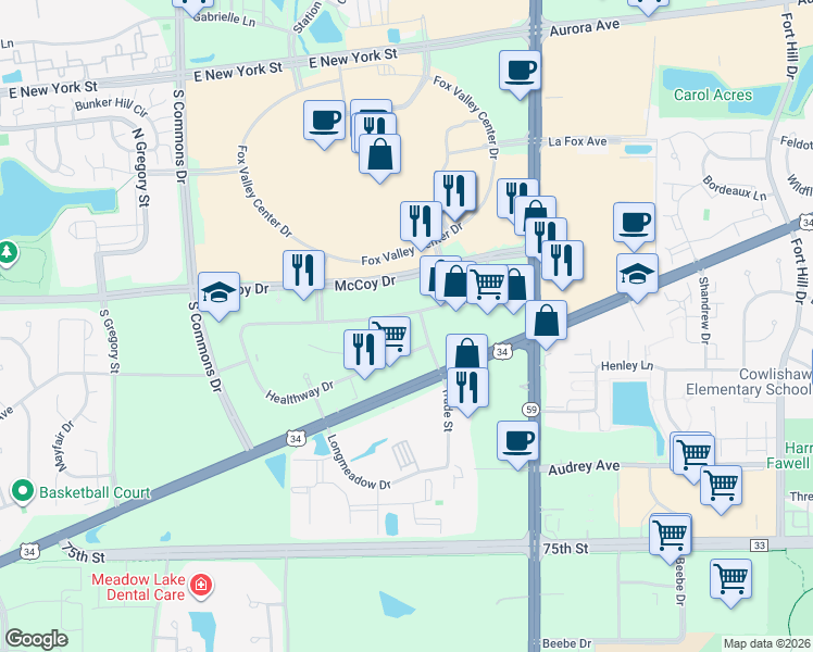 map of restaurants, bars, coffee shops, grocery stores, and more near 4255 Westbrook Drive in Aurora