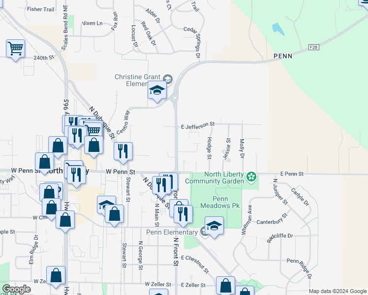 map of restaurants, bars, coffee shops, grocery stores, and more near 2474 Mehaffey Bridge Rd NE in North Liberty