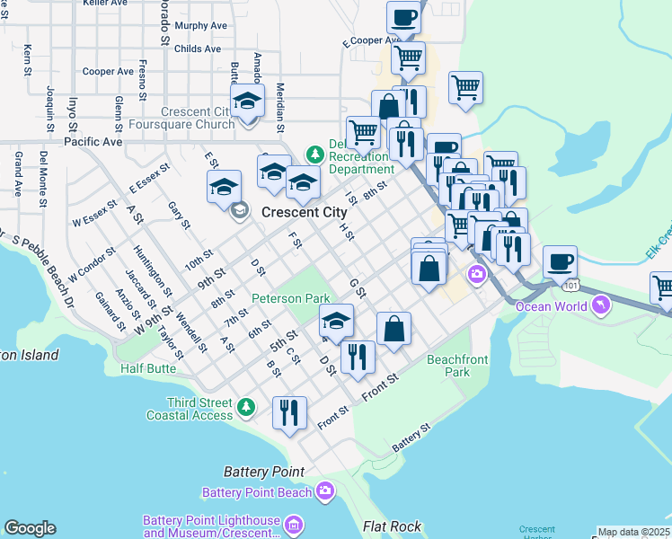 map of restaurants, bars, coffee shops, grocery stores, and more near 660 G Street in Crescent City
