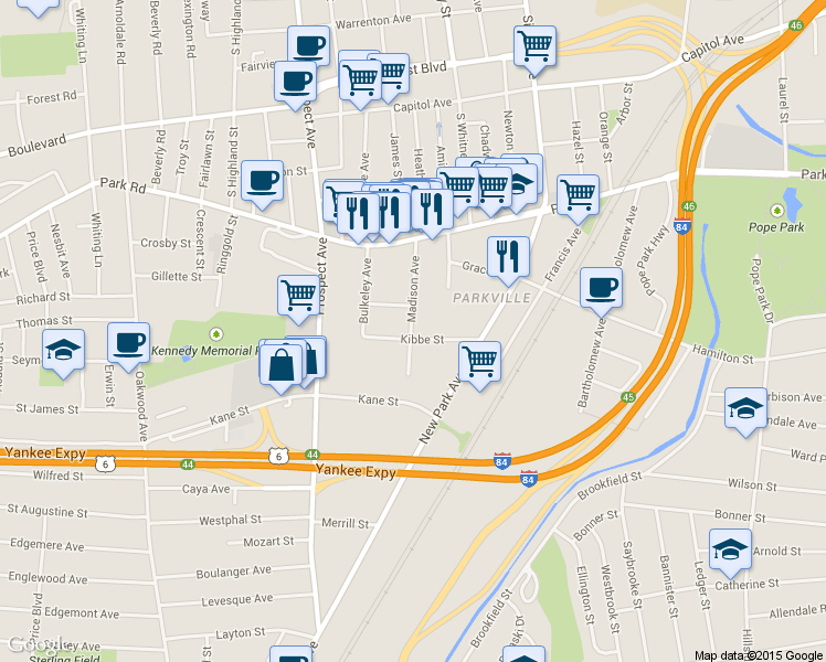 map of restaurants, bars, coffee shops, grocery stores, and more near 80 Madison Avenue in Hartford