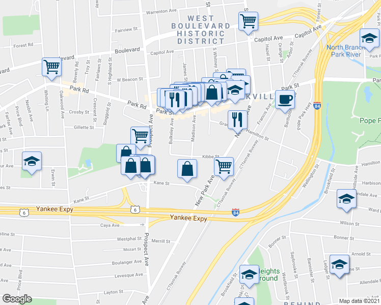 map of restaurants, bars, coffee shops, grocery stores, and more near 80 Madison Avenue in Hartford