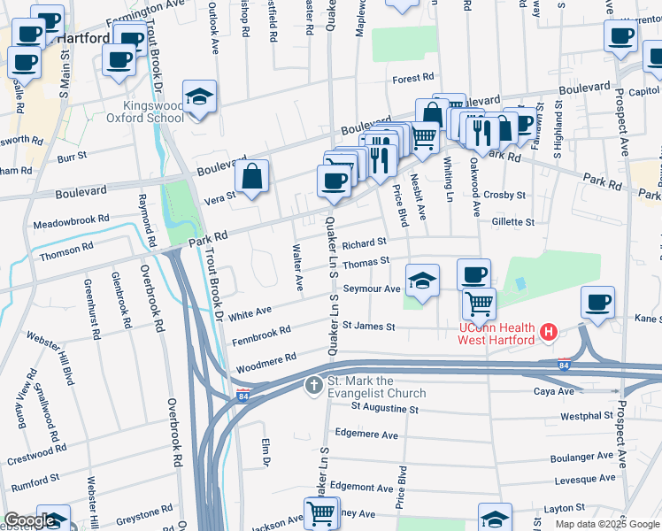 map of restaurants, bars, coffee shops, grocery stores, and more near 308 Quaker Lane South in West Hartford