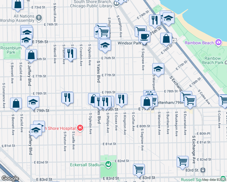 map of restaurants, bars, coffee shops, grocery stores, and more near 7748 South Essex Avenue in Chicago