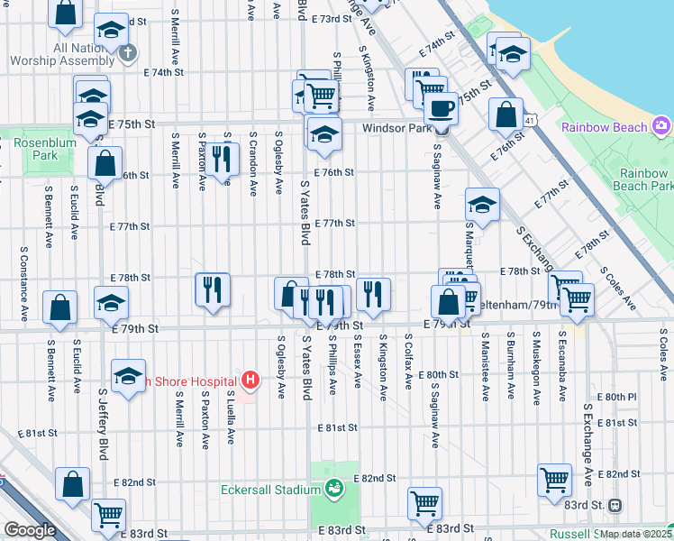 map of restaurants, bars, coffee shops, grocery stores, and more near 7742 South Phillips Avenue in Chicago