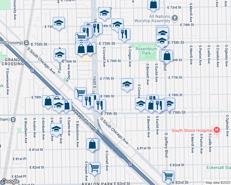 map of restaurants, bars, coffee shops, grocery stores, and more near 7738 South East End Avenue in Chicago