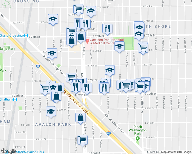 map of restaurants, bars, coffee shops, grocery stores, and more near 7738 South East End Avenue in Chicago