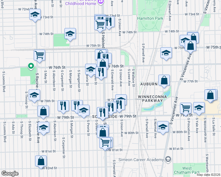 map of restaurants, bars, coffee shops, grocery stores, and more near 7704 South Emerald Avenue in Chicago