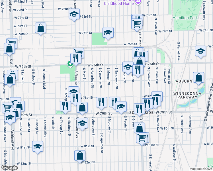 map of restaurants, bars, coffee shops, grocery stores, and more near 1005 West 77th Street in Chicago