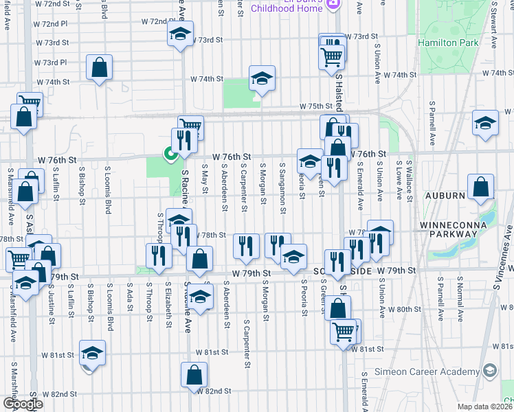 map of restaurants, bars, coffee shops, grocery stores, and more near 1005 West 77th Street in Chicago