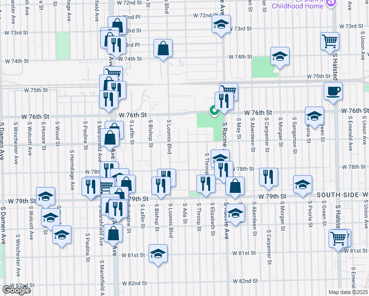 map of restaurants, bars, coffee shops, grocery stores, and more near 7700 South Ada Street in Chicago
