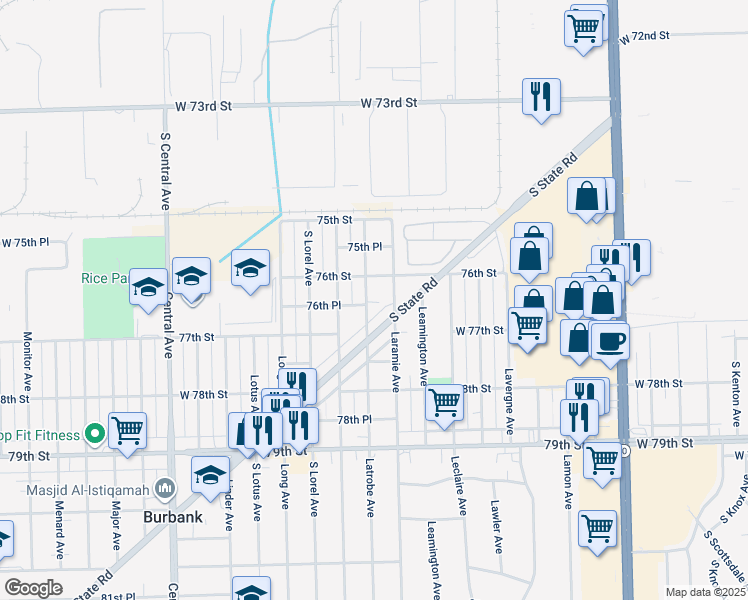map of restaurants, bars, coffee shops, grocery stores, and more near 7612 Laramie Avenue in Oak Lawn