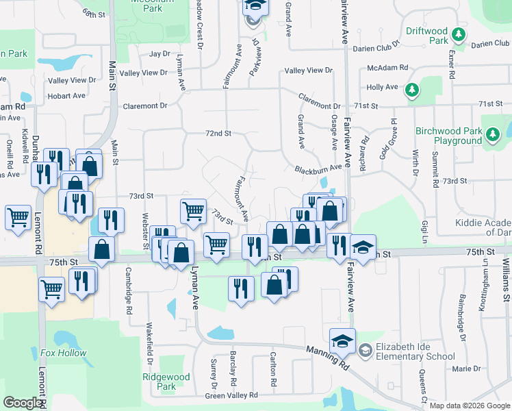 map of restaurants, bars, coffee shops, grocery stores, and more near 7401 Lemont Road in Downers Grove