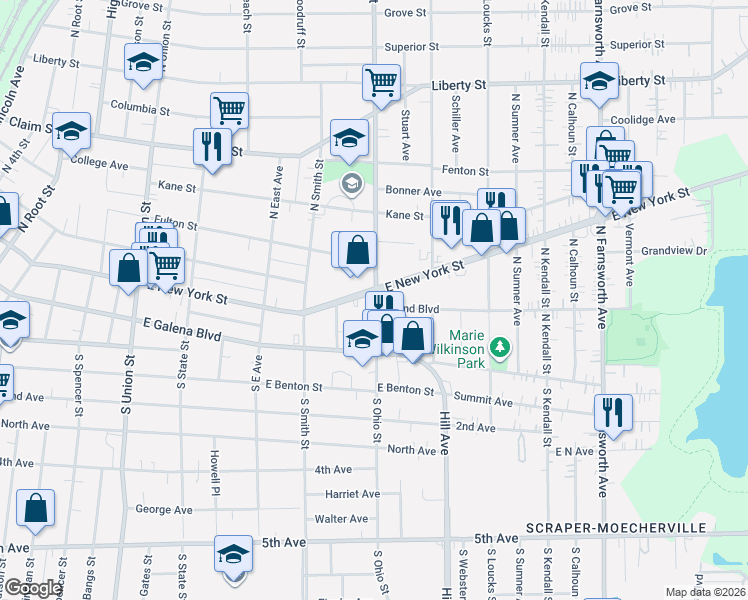 map of restaurants, bars, coffee shops, grocery stores, and more near in Aurora