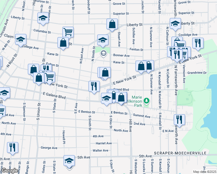 map of restaurants, bars, coffee shops, grocery stores, and more near in Aurora