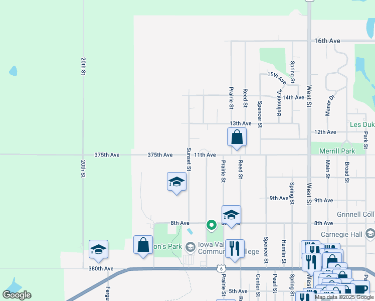 map of restaurants, bars, coffee shops, grocery stores, and more near 1615 Sunset Street in Grinnell