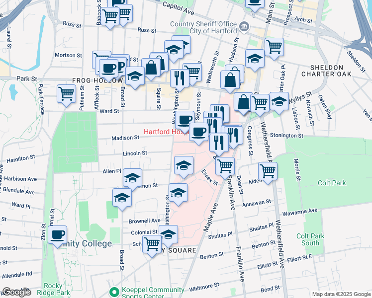 map of restaurants, bars, coffee shops, grocery stores, and more near 282 Washington Street in Hartford