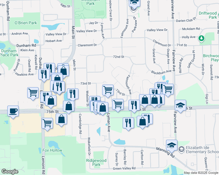 map of restaurants, bars, coffee shops, grocery stores, and more near 7346 Country Creek Way in Downers Grove