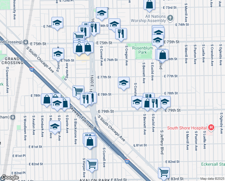map of restaurants, bars, coffee shops, grocery stores, and more near 7738 South East End Avenue in Chicago