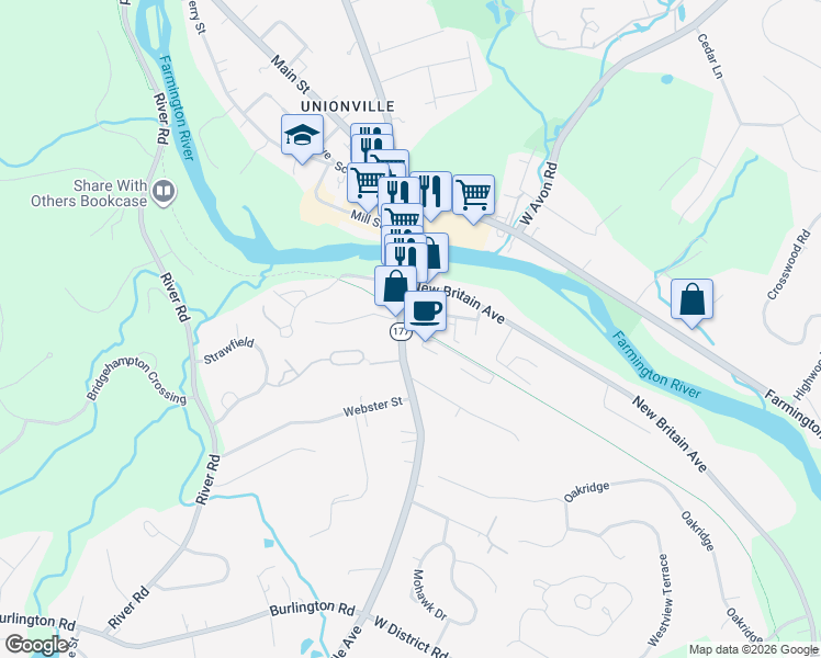 map of restaurants, bars, coffee shops, grocery stores, and more near 11 Depot Place in Farmington