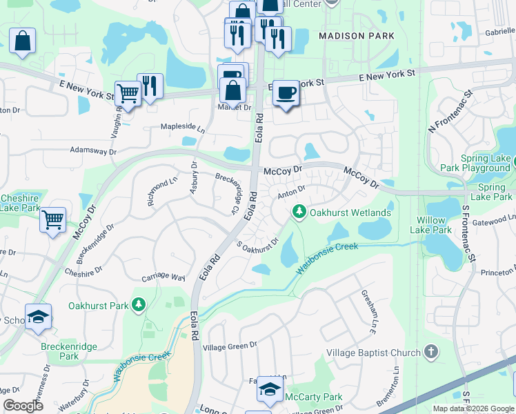 map of restaurants, bars, coffee shops, grocery stores, and more near 3020 Anton Drive in Aurora