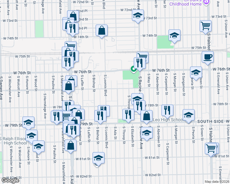 map of restaurants, bars, coffee shops, grocery stores, and more near 7700 South Ada Street in Chicago