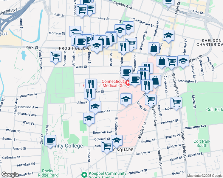 map of restaurants, bars, coffee shops, grocery stores, and more near 10 Lincoln Street in Hartford