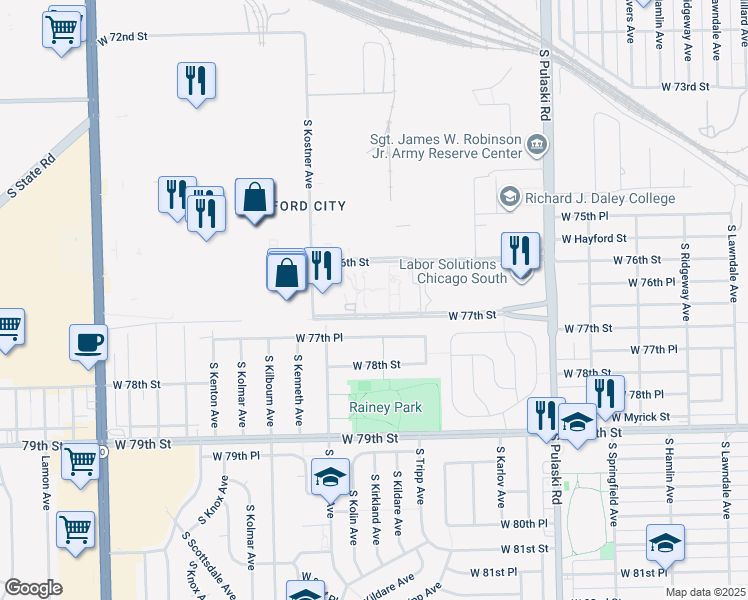 map of restaurants, bars, coffee shops, grocery stores, and more near 4246 West 77th Street in Chicago