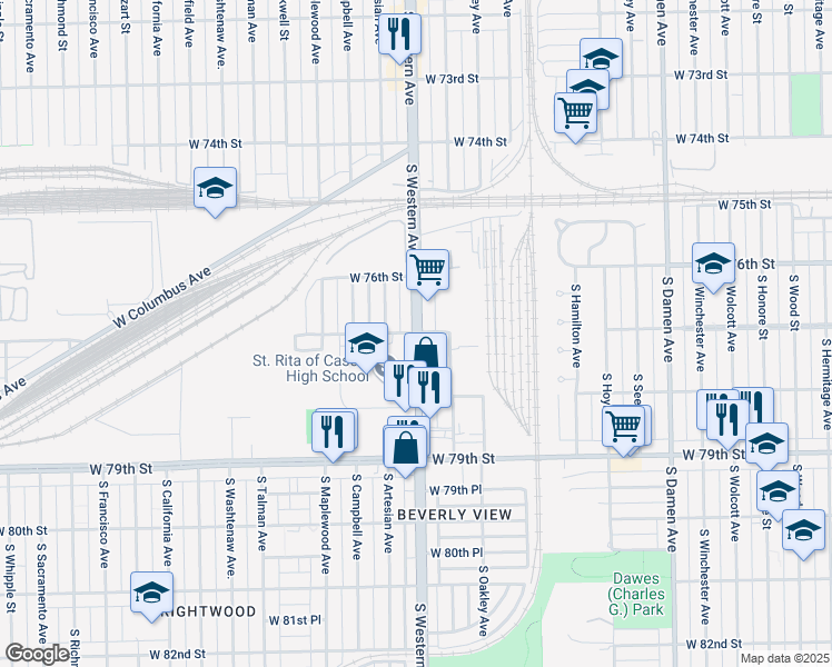 map of restaurants, bars, coffee shops, grocery stores, and more near South Western Avenue & West 77th Street in Chicago
