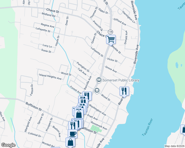 map of restaurants, bars, coffee shops, grocery stores, and more near 34 Purington Street in Somerset