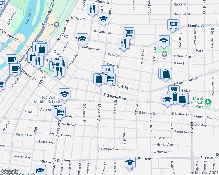 map of restaurants, bars, coffee shops, grocery stores, and more near 717 East New York Street in Aurora
