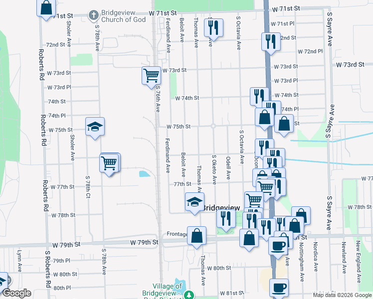 map of restaurants, bars, coffee shops, grocery stores, and more near 7545 Beloit Avenue in Bridgeview