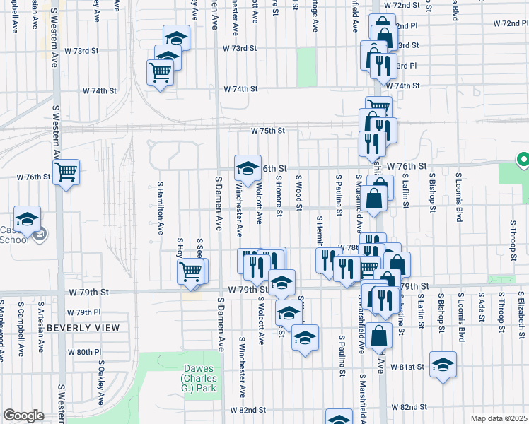map of restaurants, bars, coffee shops, grocery stores, and more near 7701 South Wolcott Avenue in Chicago