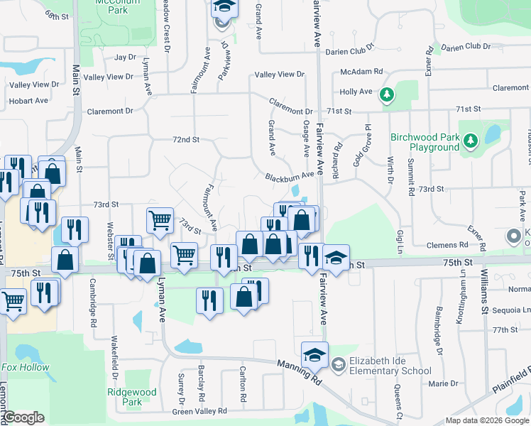 map of restaurants, bars, coffee shops, grocery stores, and more near 7363 73rd Street in Downers Grove