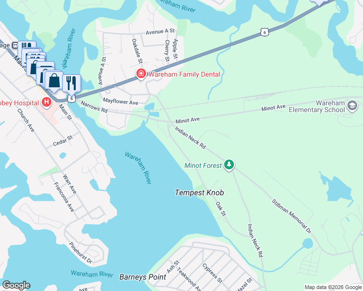 map of restaurants, bars, coffee shops, grocery stores, and more near 8 Oak Street in Wareham