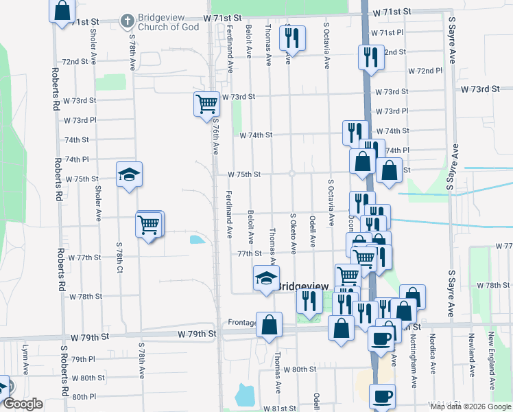 map of restaurants, bars, coffee shops, grocery stores, and more near 7541 Beloit Avenue in Bridgeview